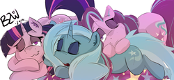 Size: 900x416 | Tagged: safe, artist:bow2yourwaifu, starlight glimmer, trixie, twilight sparkle, alicorn, pony, unicorn, g4, cuddle puddle, cuddling, cute, fluffy, group, leaning, lidded eyes, lip bite, looking at you, one eye closed, open mouth, pony pile, prone, sleeping, sleepy, smiling, twilight sparkle (alicorn), wavy mouth, wink