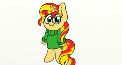 Size: 1366x728 | Tagged: safe, artist:littleflaky, sunset shimmer, pony, unicorn, g4, bipedal, clothes, cute, female, looking at you, mare, shimmerbetes, simple background, smiling, solo, sweater, white background