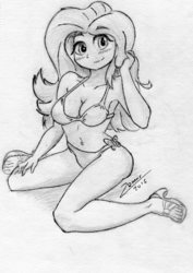Size: 1614x2286 | Tagged: safe, artist:zemer, fluttershy, equestria girls, g4, belly button, bikini, clothes, feet, female, grayscale, midriff, monochrome, sandals, solo, swimsuit