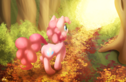 Size: 4000x2600 | Tagged: safe, artist:fluffyxai, pinkie pie, earth pony, pony, g4, autumn, butt, digital painting, female, forest, leaves, lineless, mare, plot, solo, sunlight, walking