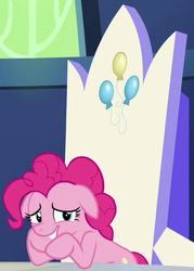 Size: 350x489 | Tagged: source needed, safe, screencap, pinkie pie, 28 pranks later, g4, season 6, female, floppy ears, laughing, looking at you, shy, sitting, solo, teeth