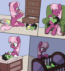 Size: 2500x2700 | Tagged: safe, artist:skitter, color edit, edit, cheerilee, oc, oc:filly anon, earth pony, pony, g4, baby, baby pony, changing table, colored, crib, diaper, diaper change, female, high res, mare, pacifier, used diaper