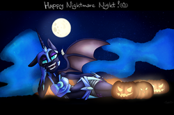 Size: 2767x1833 | Tagged: safe, artist:sunrisepld, nightmare moon, alicorn, anthro, g4, bat wings, fangs, female, grin, halloween, jack-o-lantern, moon, night, nightmare night, on side, open mouth, pumpkin, smiling, solo