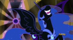 Size: 430x241 | Tagged: safe, screencap, nightmare moon, tantabus, alicorn, pony, do princesses dream of magic sheep, g4, animated, discovery family logo, evil laugh, female, gif, laughing, nose in the air, solo, volumetric mouth