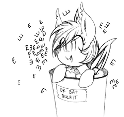 Size: 1966x1852 | Tagged: safe, artist:replica, oc, oc only, oc:nolegs, bat pony, pony, bat bucket, bucket, cute, eeee, good bat bucket, grayscale, leaning, lineart, monochrome, open mouth, simple background, sketch, smiling, solo, white background