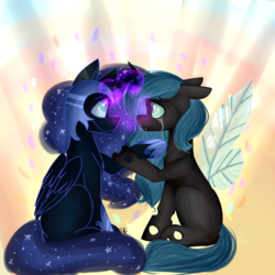 Size: 1024x1024 | Tagged: safe, artist:albinnada, artist:twishtwishy, nightmare moon, queen chrysalis, alicorn, changeling, changeling queen, pony, g4, crying, eye contact, female, looking at each other, missing cutie mark