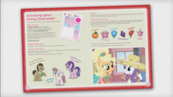 Size: 1682x944 | Tagged: safe, screencap, applejack, blossomforth, doctor whooves, rarity, starlight glimmer, time turner, earth pony, pony, g4, official, tails of equestria, applejewel, elements of harmony, male, rpg, stallion