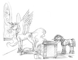 Size: 1400x1083 | Tagged: safe, artist:baron engel, princess celestia, g4, grayscale, monochrome, pencil drawing, royal guard, simple background, sketch, traditional art, white background