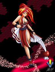 Size: 5100x6600 | Tagged: dead source, safe, artist:penspark, sunset shimmer, human, equestria girls, g4, absolute cleavage, absurd resolution, ami koshimizu, breasts, busty sunset shimmer, cleavage, clothes, cosplay, costume, crossover, fatal fury, female, humanized, king of fighters, mai shiranui, solo, voice actor joke
