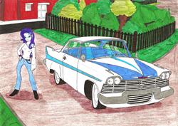 Size: 6973x4948 | Tagged: safe, artist:metaldudepl666, rarity, equestria girls, g4, absurd resolution, belt, boots, car, clothes, female, hand on hip, jeans, pants, plymouth, plymouth fury, shoes, solo, traditional art, white shirt