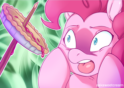 Size: 742x524 | Tagged: safe, artist:mlpfwb, pinkie pie, earth pony, pony, twilight sparkle's secret shipfic folder, g4, secrets and pies, female, food, food gore, horrified, impalement, mare, oh the humanity, pie, solo, that pony sure does love pies