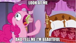 Size: 884x499 | Tagged: safe, edit, edited screencap, screencap, pinkie pie, canterlot boutique, g4, bed, caption, cupcake, eating, female, food, image macro, meme, open mouth, pillow, solo, tell me i'm pretty