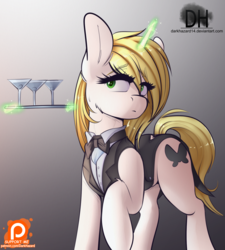 Size: 1530x1699 | Tagged: safe, artist:sugarlesspaints, oc, oc only, pony, unicorn, bowtie, clothes, drink, glowing horn, horn, magic, patreon, patreon logo, solo, waitress