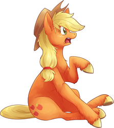 Size: 744x834 | Tagged: safe, artist:fizzy-dog, applejack, g4, chest fluff, colored hooves, cowboy hat, female, fluffy, hat, open mouth, raised hoof, simple background, sitting, solo, stetson, surprised, unshorn fetlocks, white background, wide eyes