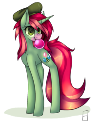 Size: 857x1100 | Tagged: safe, artist:dragon9913, oc, oc only, pony, unicorn, bubblegum, food, gum, hat, simple background, solo, transparent background