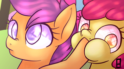Size: 5715x3206 | Tagged: dead source, safe, artist:dragon9913, apple bloom, scootaloo, earth pony, pegasus, pony, g4, somepony to watch over me, duo, female, filly, hoof in mouth, puffy cheeks, scene interpretation