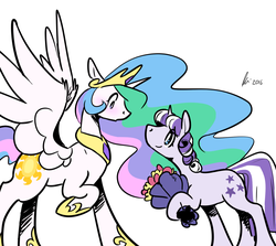 Size: 1280x1143 | Tagged: safe, artist:rwl, princess celestia, twilight velvet, alicorn, pony, unicorn, fanfic:just like old times, g4, blushing, bouquet, crack shipping, fanfic, fanfic art, female, floppy ears, lesbian, looking at each other, looking down, looking up, mare, open mouth, raised hoof, ship:velestia, shipping, simple background, smiling, spread wings, story in the comments, white background