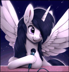 Size: 500x518 | Tagged: safe, artist:rodrigues404, oc, oc only, oc:star song, alicorn, pony, alicorn oc, animated, ear piercing, earring, gif, jewelry, microphone, open mouth, piercing, smiling, solo