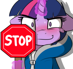 Size: 1200x1139 | Tagged: safe, artist:captainpudgemuffin, edit, twilight sparkle, g4, blushing, clothes, female, floppy ears, hoodie, horn, jacket, levitation, looking at you, magic, octagon, sans (undertale), sign, simple background, smiling, solo, stop, stop sign, sweat, telekinesis, transparent background, undertale, zipper