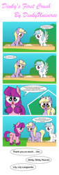Size: 3037x8930 | Tagged: safe, artist:dinkyuniverse, cotton cloudy, dinky hooves, lily longsocks, earth pony, pegasus, pony, unicorn, g4, adorasocks, blushing, chest fluff, comic, cute, dialogue, dinkabetes, ear fluff, female, filly, lesbian, lilydorable, open mouth, purity, sandbox, ship:dinkily, shipping, shipping fuel, unshorn fetlocks