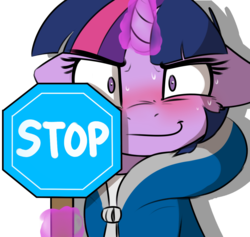Size: 1200x1139 | Tagged: safe, artist:captainpudgemuffin, edit, twilight sparkle, g4, blushing, clothes, female, floppy ears, hoodie, levitation, looking at you, magic, octagon, sans (undertale), simple background, smiling, solo, stop, stop sign, sweat, telekinesis, transparent background, undertale, wide eyes