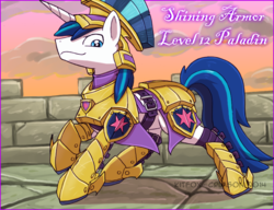 Size: 1039x800 | Tagged: safe, artist:kitfox-crimson, shining armor, g4, armor, dungeons and dragons, fantasy class, knight, level 12, looking at you, male, paladin, raised hoof, smirk, solo, tabletop game, warrior