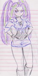Size: 949x1905 | Tagged: safe, artist:elgatosabio, aria blaze, equestria girls, g4, boots, clothes, female, front knot midriff, lined paper, midriff, shorts, solo, tank top, traditional art