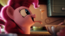 Size: 1920x1080 | Tagged: safe, artist:trombonyponypie, pinkie pie, earth pony, pony, g4, 3d, baking, blender, cute, detailed hair, diapinkes, eyes on the prize, female, fluffy, food, happy, honey, mare, open mouth, pinkie being pinkie, prehensile mane, realistic, smiling, solo, spoon, tongue out