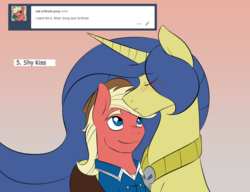 Size: 1280x985 | Tagged: safe, artist:lunis1992, oc, oc only, oc:river song, oc:scifresh, ask the amazon mares, blushing, forehead kiss, kissing, tumblr