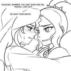 Size: 1000x1000 | Tagged: safe, artist:raika0306, adagio dazzle, sunset shimmer, equestria girls, g4, bedroom eyes, black and white, blushing, dialogue, female, grayscale, lesbian, monochrome, open mouth, ship:sunsagio, shipping, sketch, translation