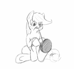 Size: 1249x1161 | Tagged: safe, artist:trickydick, applejack, g4, clothes, female, frustrated, monochrome, mouth hold, shoes, sketch, solo, tying