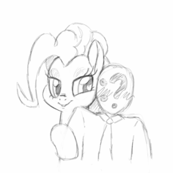 Size: 684x683 | Tagged: safe, artist:trickydick, pinkie pie, oc, oc:anon, human, g4, amazon, blushing, cute, diapinkes, kiss mark, lidded eyes, lipstick, monochrome, sketch