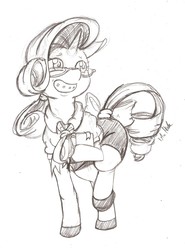 Size: 946x1280 | Tagged: safe, artist:i am nude, rarity, g4, book, braces, clothes, female, glasses, monochrome, raised hoof, shoes, sketch, smiling, solo, tail bow
