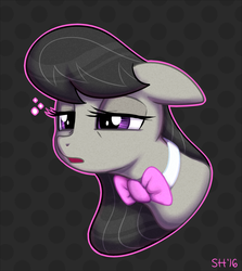 Size: 852x956 | Tagged: safe, artist:sorcerushorserus, octavia melody, earth pony, pony, g4, abstract background, bowtie, bust, dizzy, female, lidded eyes, mare, portrait, sleepy, solo, tired