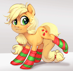 Size: 1090x1057 | Tagged: safe, artist:imalou, applejack, earth pony, pony, g4, blushing, clothes, cute, female, freckles, jackabetes, mare, smiling, socks, solo, striped socks