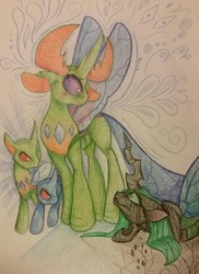 Size: 667x915 | Tagged: safe, artist:tacotron2000, queen chrysalis, thorax, changedling, changeling, g4, to where and back again, a better ending for chrysalis, defeated, king thorax, traditional art