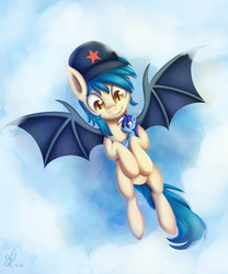 Size: 1164x1400 | Tagged: safe, artist:divlight, minuette, oc, oc only, oc:moonshot, bat pony, pony, cloud, flying, hat, looking down, plushie, sky, smiling, solo, spread wings