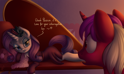 Size: 1500x900 | Tagged: safe, artist:divlight, rarity, oc, pony, g4, bedroom eyes, canon x oc, couch, dialogue, duo, heart, looking at each other, male, open mouth, prone, shipping, smiling, straight, surprised, wide eyes