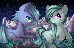 Size: 1964x1271 | Tagged: safe, artist:kawaiipony2, limestone pie, marble pie, earth pony, pony, g4, cute, duo, female, limabetes, looking at you, lying down, marblebetes, mare, night, prone, rock farm, sisters, smiling, starry night, stars, underhoof