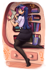 Size: 1079x1600 | Tagged: safe, artist:king-kakapo, twilight sparkle, human, g4, book, clothes, feet, female, golden oaks library, humanized, looking at you, looking back, missing shoes, pantyhose, partially undressed, solo, wide hips