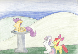 Size: 1280x892 | Tagged: safe, artist:duckponies, apple bloom, scootaloo, sweetie belle, g4, behaving like a bird, cute, cutealoo, cutie mark crusaders, giggling, traditional art