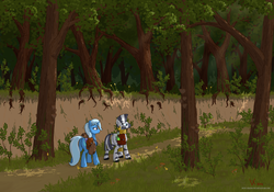 Size: 3000x2100 | Tagged: safe, artist:eriada, trixie, zecora, pony, unicorn, zebra, g4, duo, forest, high res, looking at something, path, road, roots, saddle bag, scenery