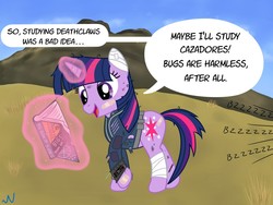 Size: 1280x960 | Tagged: safe, artist:nuka-kitty, twilight sparkle, pony, unicorn, fallout equestria, g4, big book of science, cazador, clothes, clueless, fallout, fallout: new vegas, female, for science, jumpsuit, mare, pipboy, solo, this will end in tears, vault suit