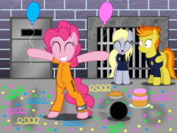 Size: 3000x2250 | Tagged: safe, artist:spellboundcanvas, derpy hooves, pinkie pie, spitfire, pegasus, pony, g4, ball and chain, balloon, clothes, confetti, confused, female, food, happy, high res, jumpsuit, mare, party, pie, prison, prison outfit, prisoner, prisoner pp