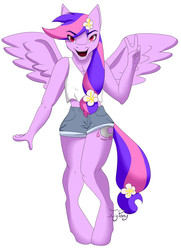 Size: 1587x2187 | Tagged: safe, artist:twigpony, oc, oc only, oc:moonlight blossom, pegasus, anthro, unguligrade anthro, anthro oc, clothes, looking at you, midriff, open mouth, peace sign, red eyes, shorts, solo, tank top