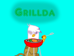 Size: 800x600 | Tagged: safe, artist:barbra, gilda, griffon, g4, carrot, chibi, cute, female, food, gildadorable, grill, grillda, pun, solo