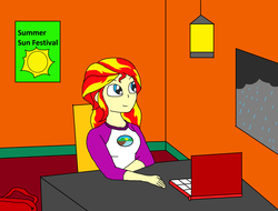 Size: 2184x1664 | Tagged: safe, artist:941214, sunset shimmer, equestria girls, g4, my little pony equestria girls: legend of everfree, aftermath, bag, bedroom, clothes, female, human coloration, laptop computer, poster, solo