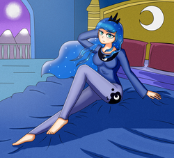 Size: 2200x2000 | Tagged: safe, artist:focusb, princess luna, human, g4, arm behind head, balcony, barefoot, bed, bedroom eyes, clothes, cute, cutie mark on human, feet, female, high res, humanized, looking at you, moon, night, pants, pose, sitting, smiling, solo