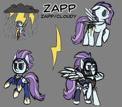 Size: 6336x5546 | Tagged: safe, artist:torusthescribe, idw, zapp, oc, oc:cloudy, pegasus, pony, g4, absurd resolution, armor, power ponies, reference sheet, simple background, solo