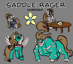 Size: 6336x5546 | Tagged: safe, artist:torusthescribe, idw, saddle rager, oc, oc:ambrosia, pegasus, pony, g4, absurd resolution, clothes, female, filly, food, mare, power ponies, reference sheet, simple background, spruce spanner, table, tea
